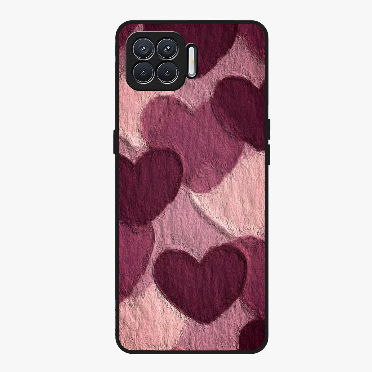 Layered Paper Hearts Glass Case showing flat back view with layered paper heart artwork and glossy glass finish.