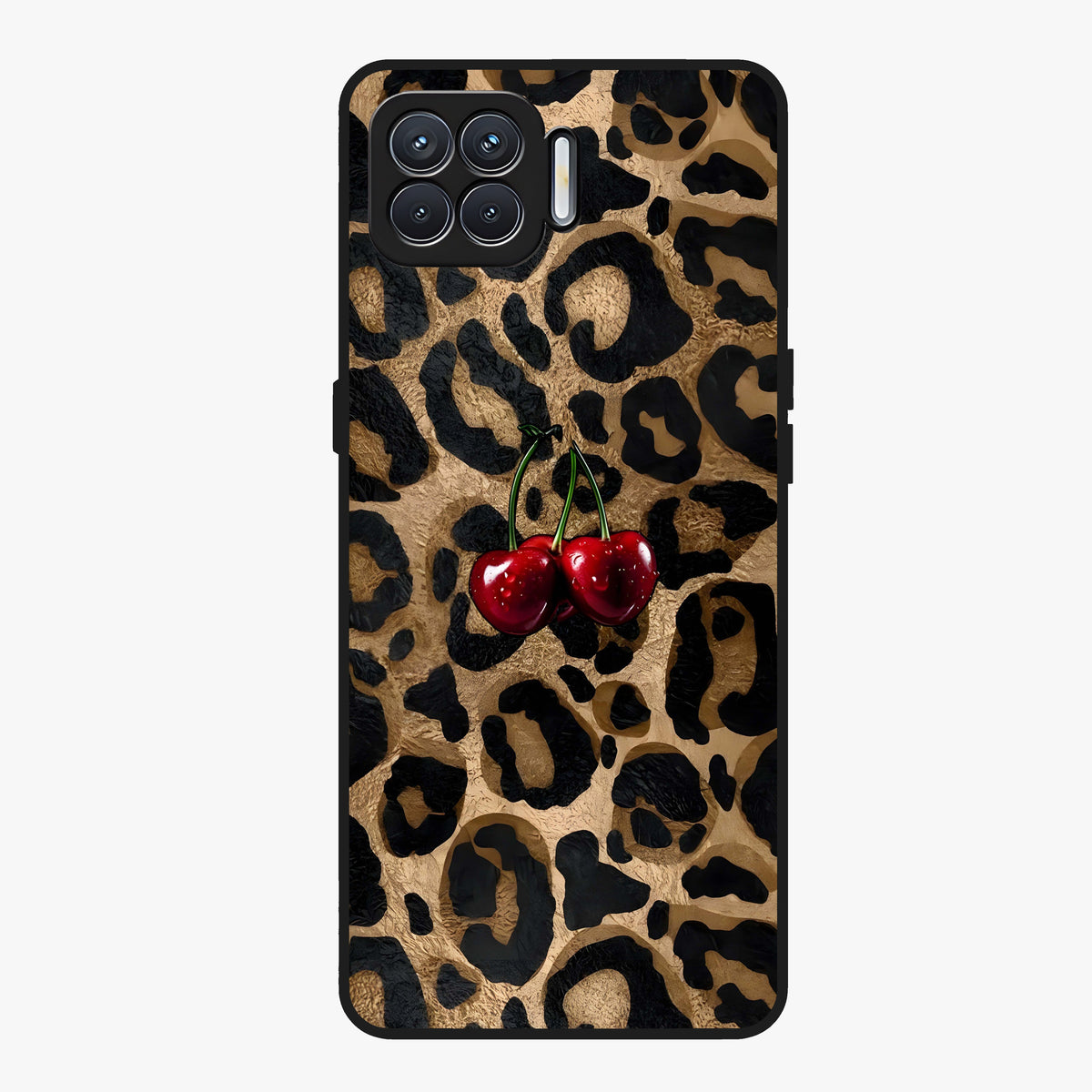 Leopard Wild Cherry Glass Case showing flat back view with leopard pattern and cherry artwork and glossy glass finish.