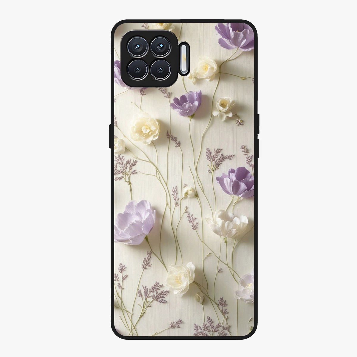 Lilac Breeze Harmony Glass Case showing flat back view with soft lilac themed artwork and glossy glass finish.