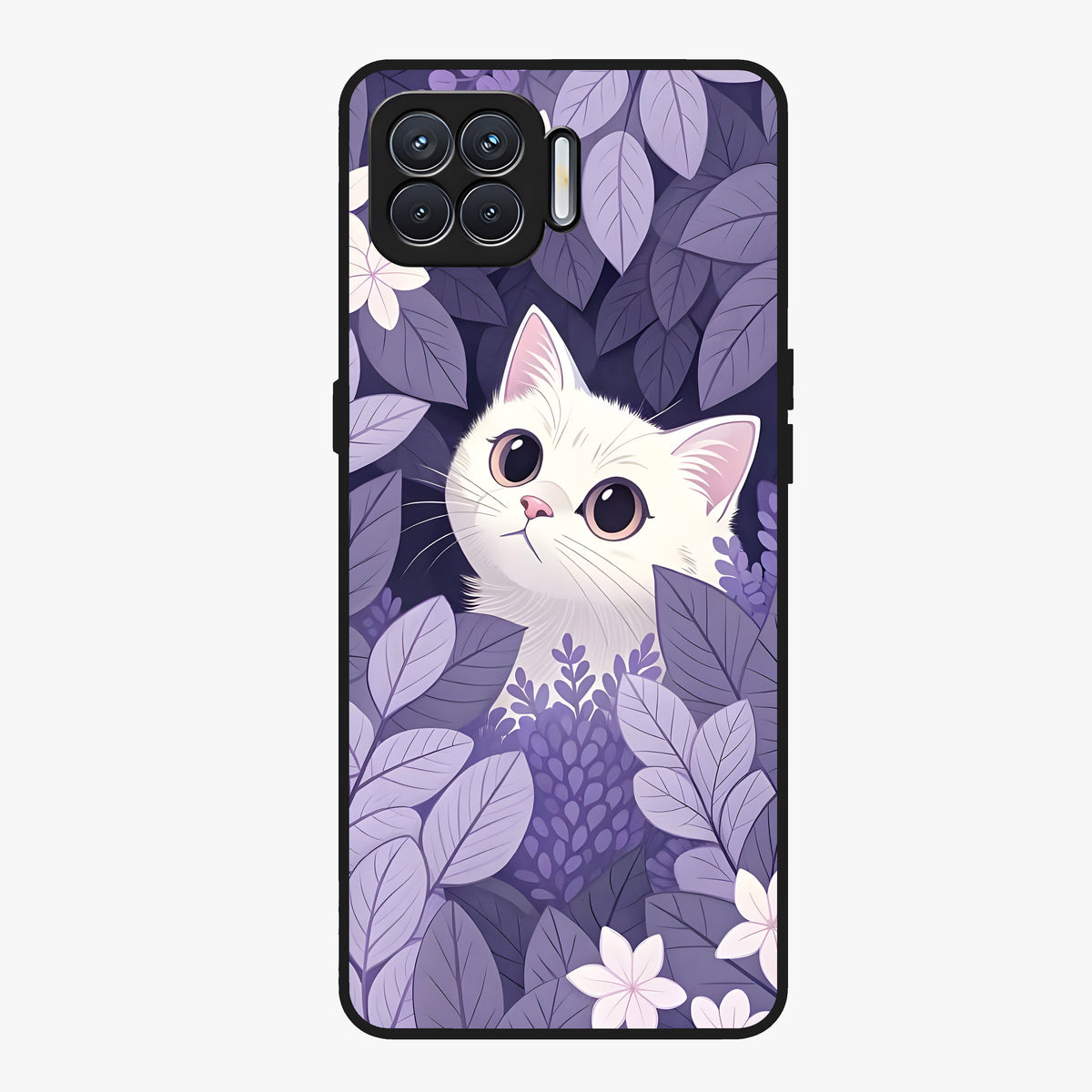 Lilac Hide Peek Cat Glass Case showing flat back view with cute peeking cat artwork and glossy glass finish.