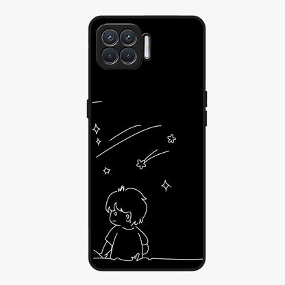Line Art Boy With Shooting Stars Glass Case showing flat back view with minimal line art boy and shooting stars illustration and glossy glass finish.