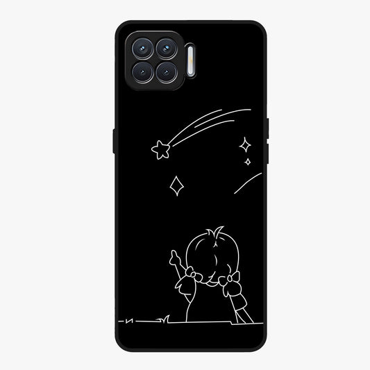 Line Art Girl With Shooting Stars Glass Case showing flat back view with minimal line art girl and shooting stars illustration and glossy glass finish.