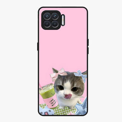 Love Matcha Cat Glass Case showing flat back view with cute cat and matcha themed artwork and glossy glass finish.