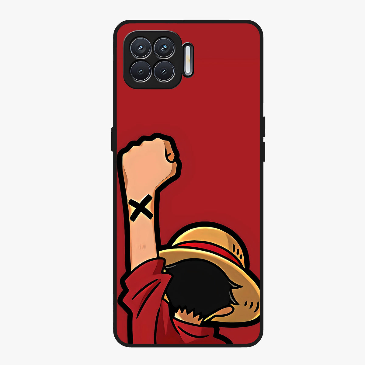 Luffy X Spirit Glass Case showing flat back view with bold anime character artwork and glossy glass finish.