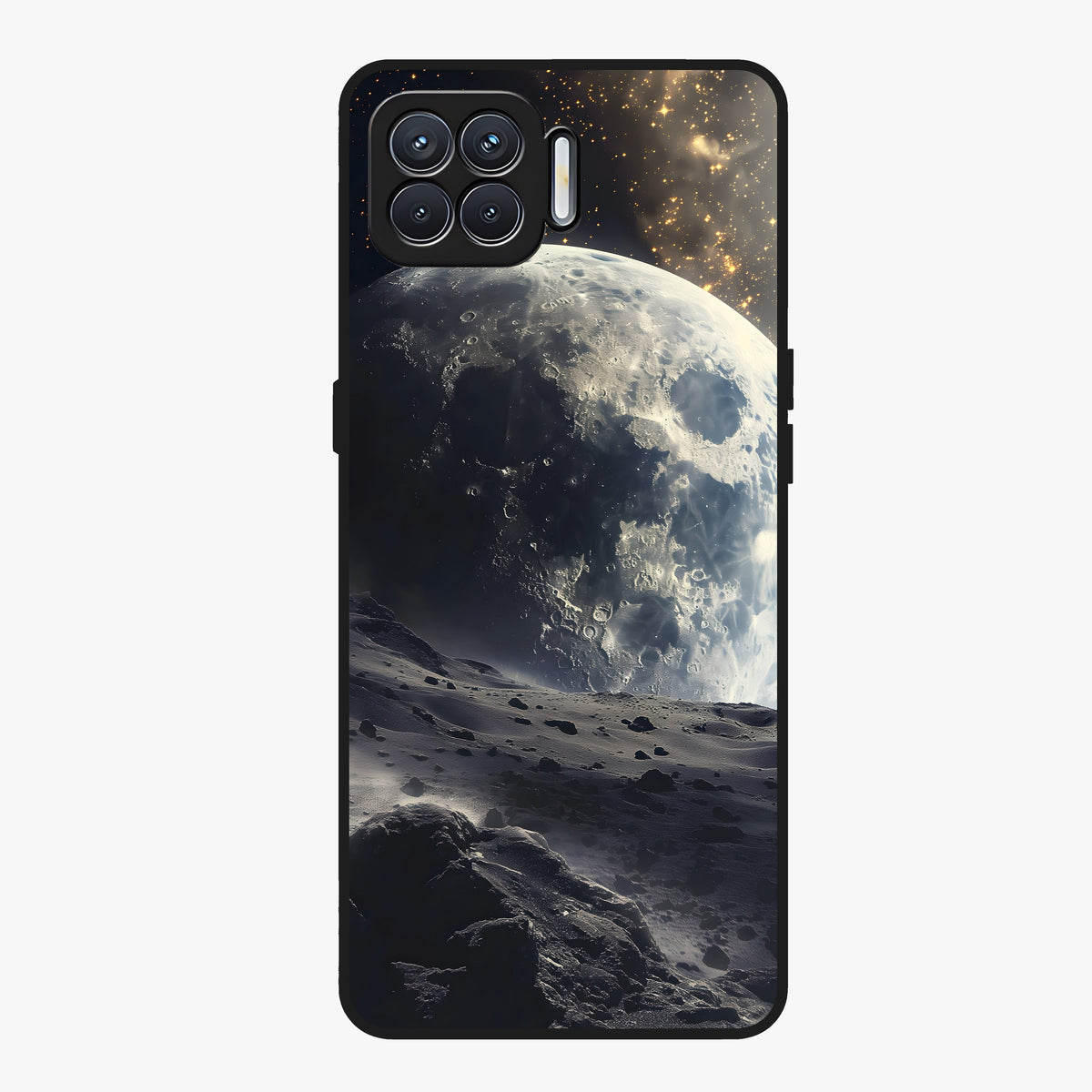 Lunar Horizon Glow Glass Case showing flat back view with glowing moon horizon artwork and glossy glass finish.