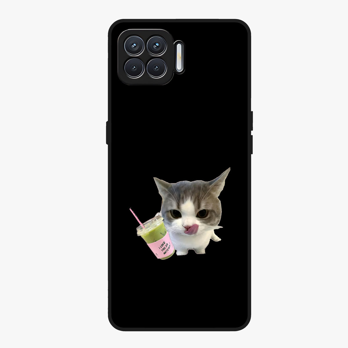 Matcha Cat Style Glass Case showing flat back view with cute matcha themed cat artwork and glossy glass finish.