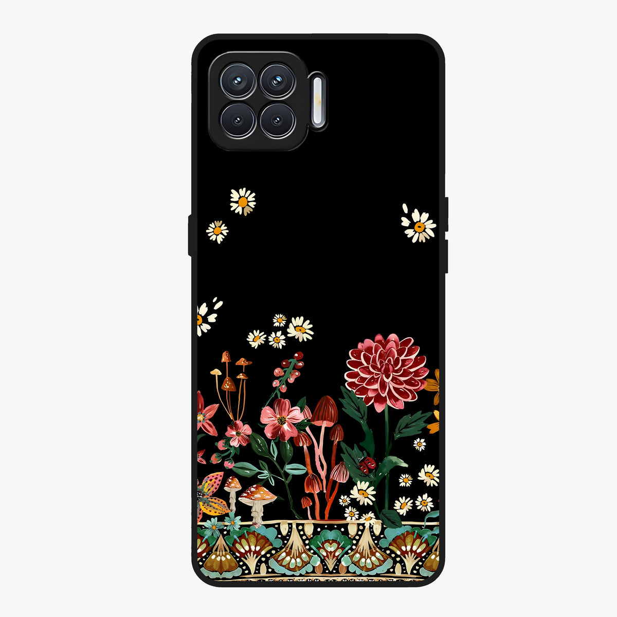 Midnight Bloom Pattern Glass Case showing flat back view with dark floral pattern artwork and glossy glass finish.