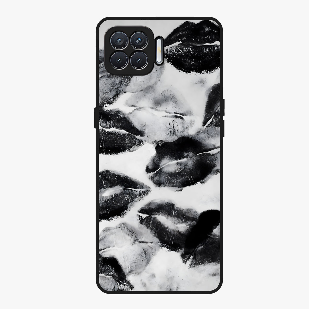 Midnight Kiss Marks Glass Case showing flat back view with lipstick kiss mark artwork and glossy glass finish.