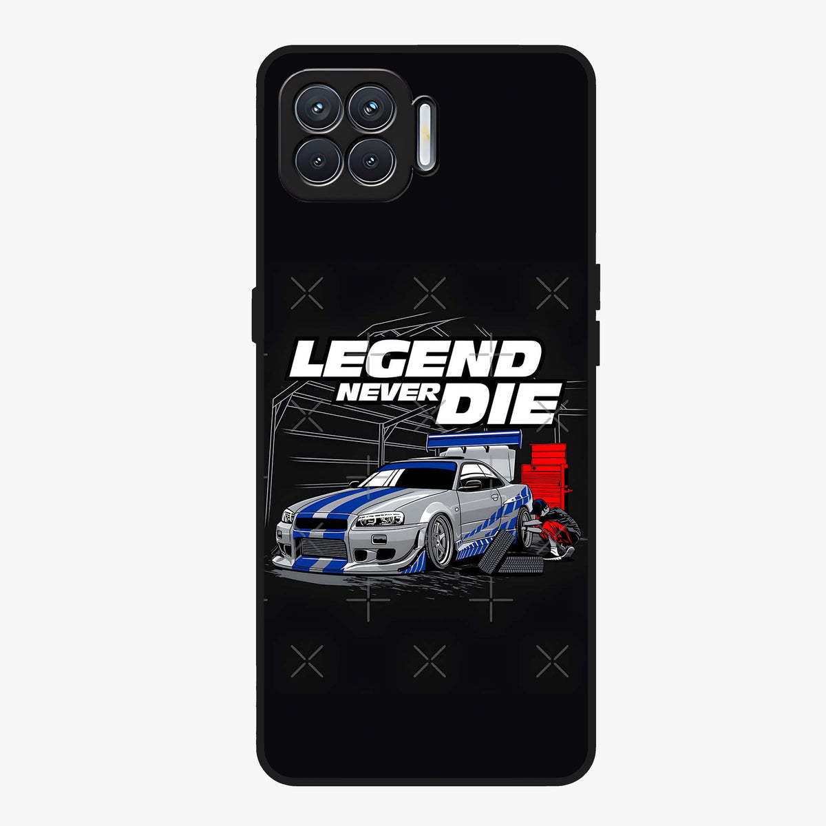 Midnight Racing Legacy Glass Case showing flat back view with sleek racing inspired artwork and glossy glass finish.