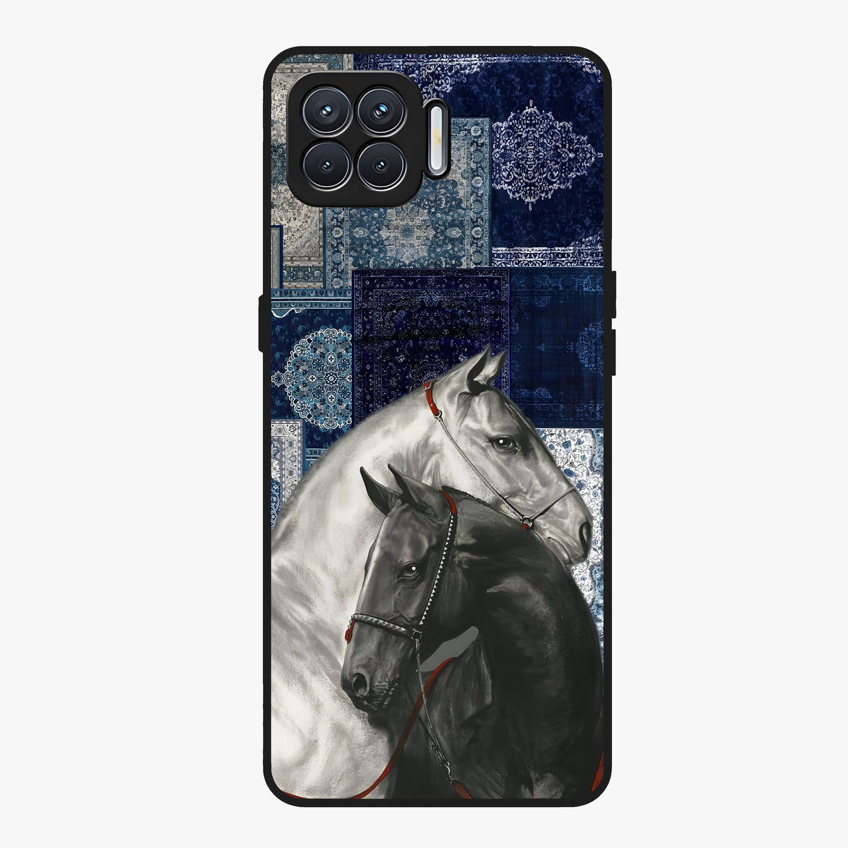 Midnight Stallion Blues Glass Case showing flat back view with majestic horse artwork and glossy glass finish.
