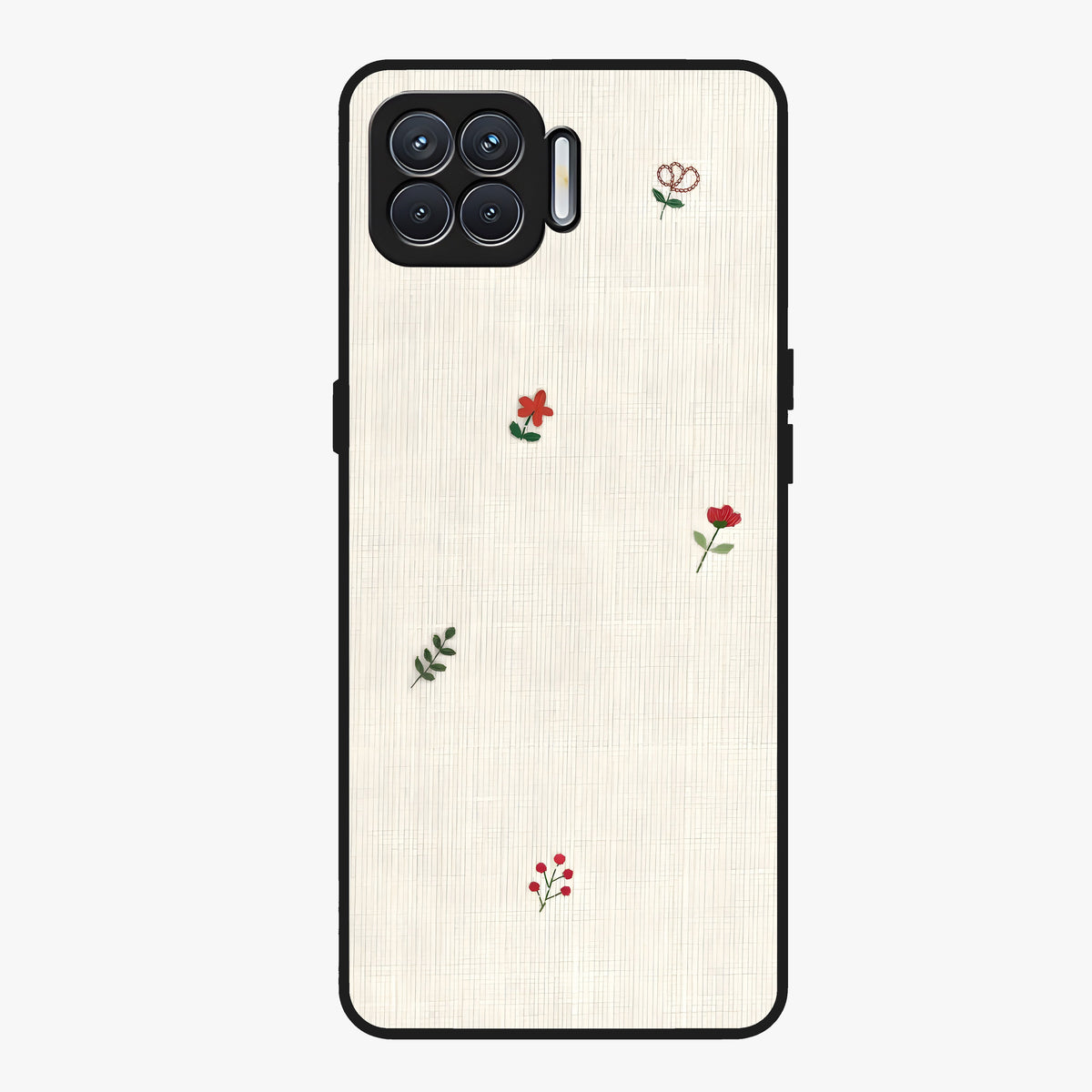 Minimal Petal Whispers Glass Case showing flat back view with soft minimal floral artwork and glossy glass finish.