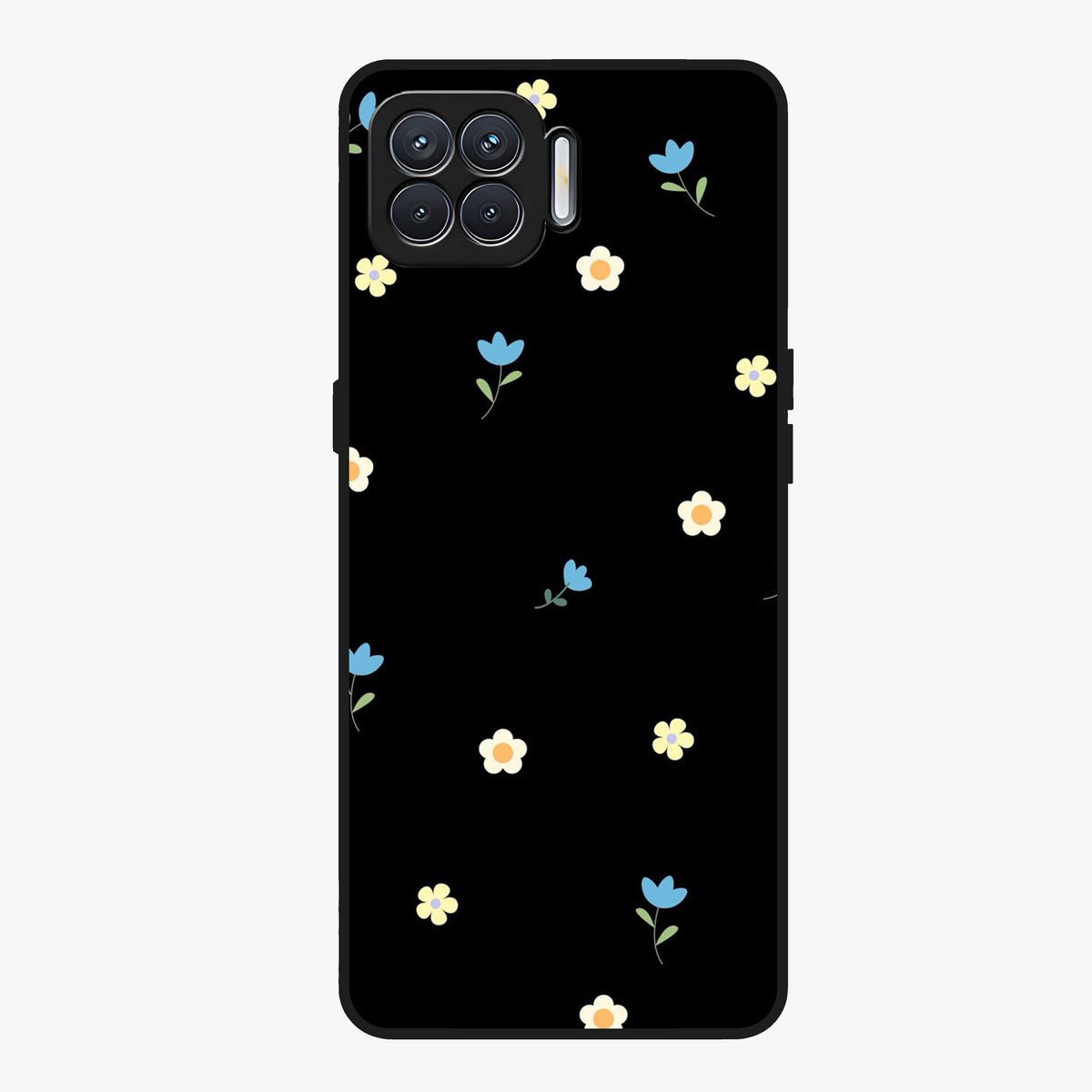 Minimalistic Blue With White Flower Pattern Glass Case showing flat back view with blue background and white flower pattern and glossy glass finish.