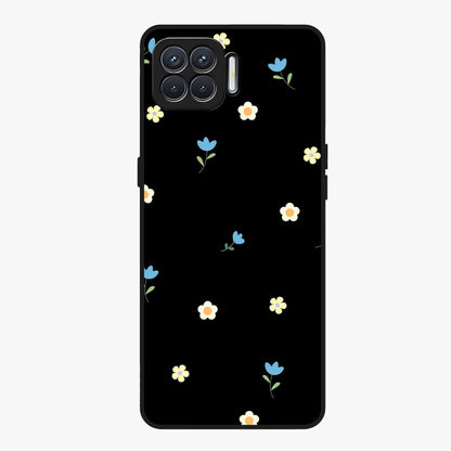 Minimalistic Blue With White Flower Pattern Glass Case showing flat back view with blue background and white flower pattern and glossy glass finish.