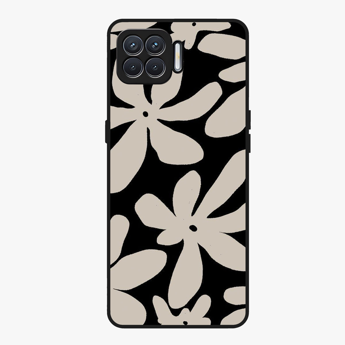 Monochrome Petal Dance Glass Case showing flat back view with monochrome floral artwork and glossy glass finish.