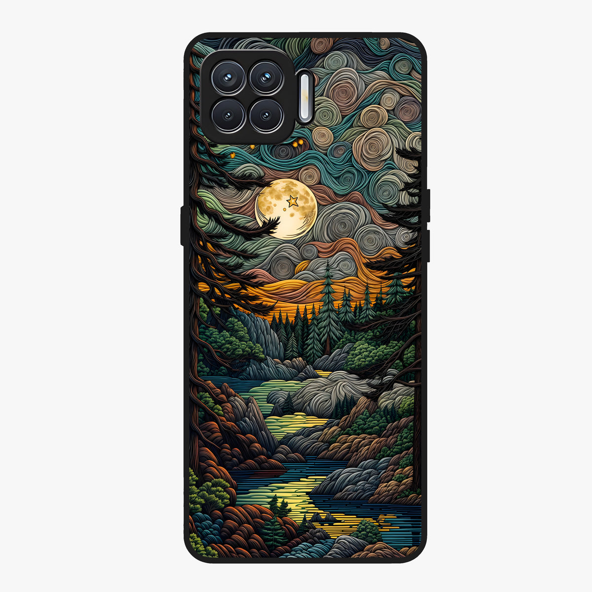 Moonlight Forest Dream Glass Case showing flat back view with mystical forest moonlight artwork and glossy glass finish.