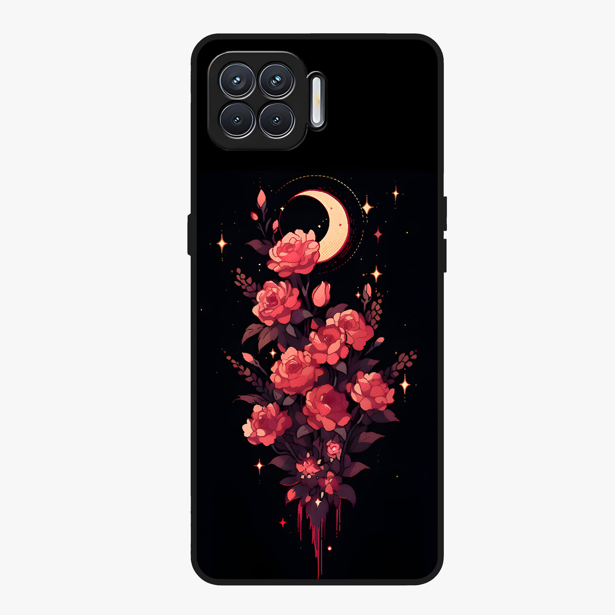 Moonlit Floral Elegance Glass Case showing flat back view with elegant floral artwork under moonlit tones and glossy glass finish.