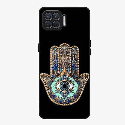 Mystic Hamsa Eye Glass Case showing flat back view with protective hamsa hand and evil eye artwork and glossy glass finish.