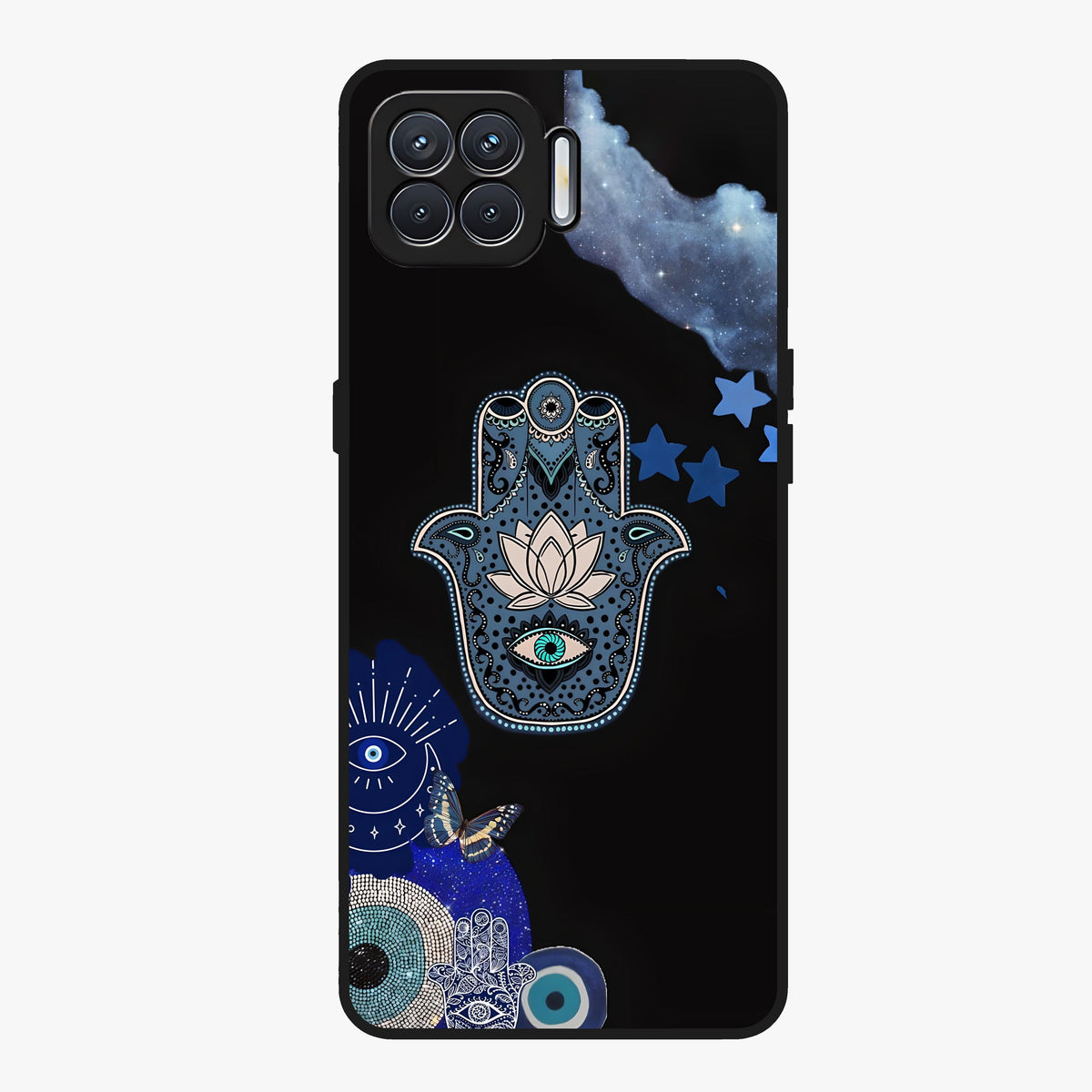 Mystic Hand Aura Glass Case showing flat back view with mystical hand symbol artwork and glossy glass finish.