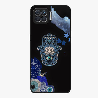 Mystic Hand Aura Glass Case showing flat back view with mystical hand symbol artwork and glossy glass finish.