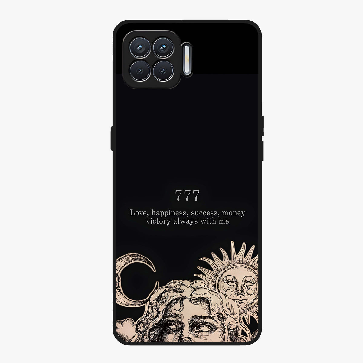 Mystic Victory Aura Glass Case showing flat back view with victory symbol artwork and glossy glass finish.