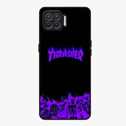 Neon Flame Riot Glass Case showing flat back view with neon flame artwork and glossy glass finish.