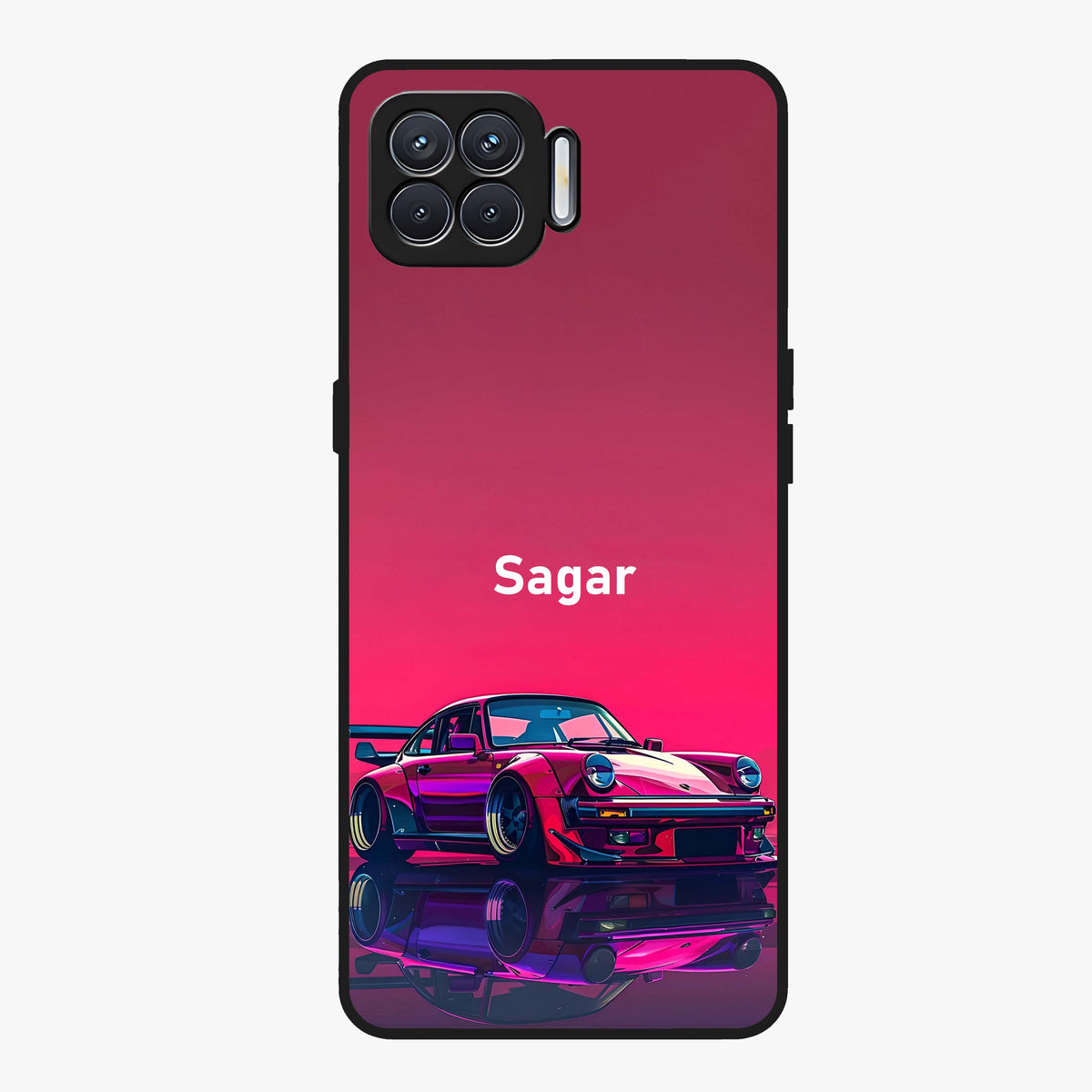 Neon Pink Porsche Glass Case showing flat back view with stylish sports car artwork and glossy glass finish.