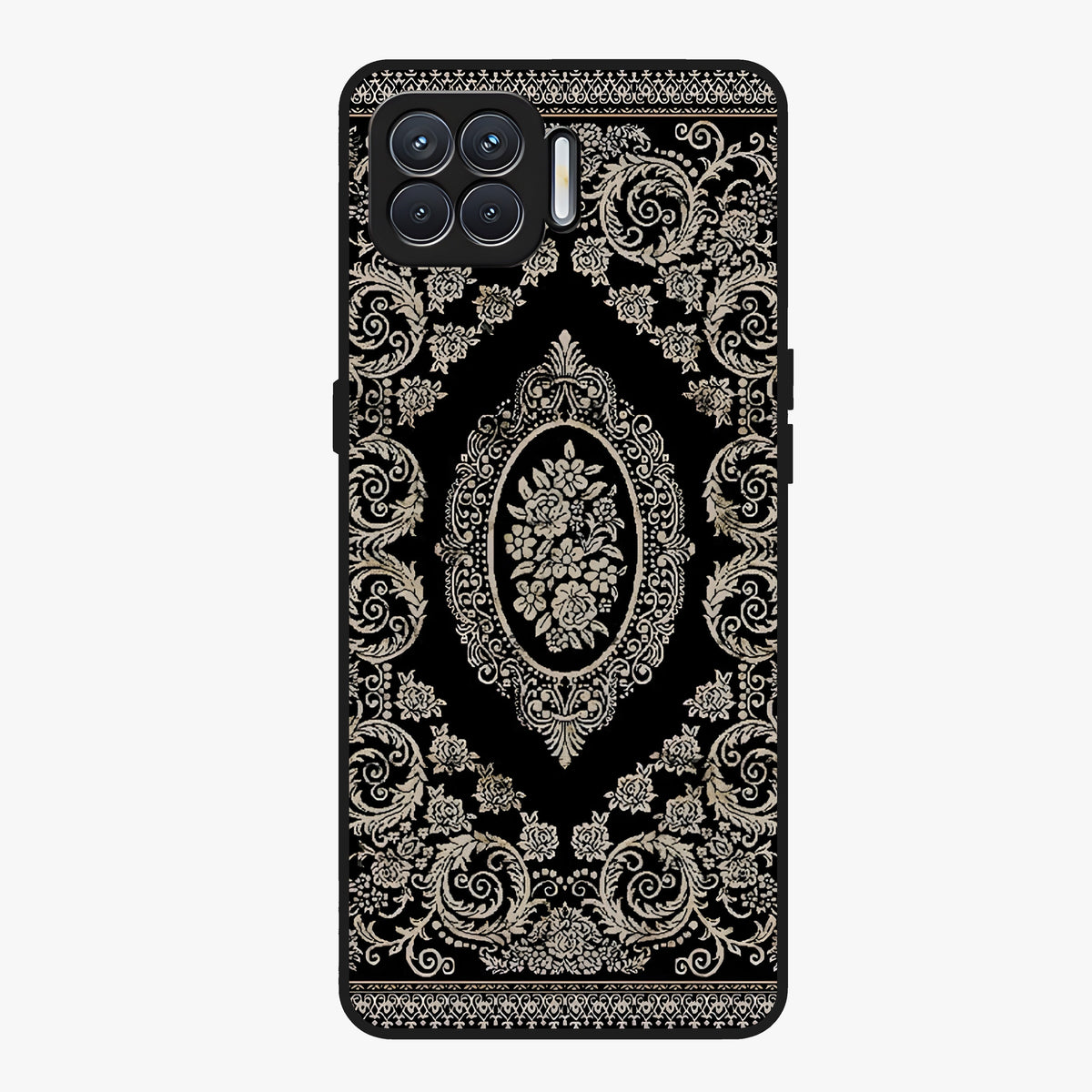 Noir Bloom Elegance Glass Case showing flat back view with elegant dark floral artwork and glossy glass finish.