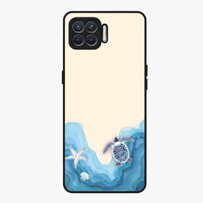 Ocean Drift Turtle Glass Case showing flat back view with sea turtle artwork and glossy glass finish.