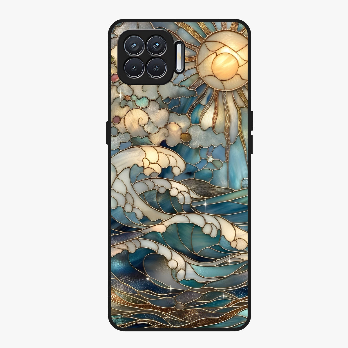 Oceanic Stained Printed Glass Case showing flat back view with ocean inspired stained pattern artwork and glossy glass finish.