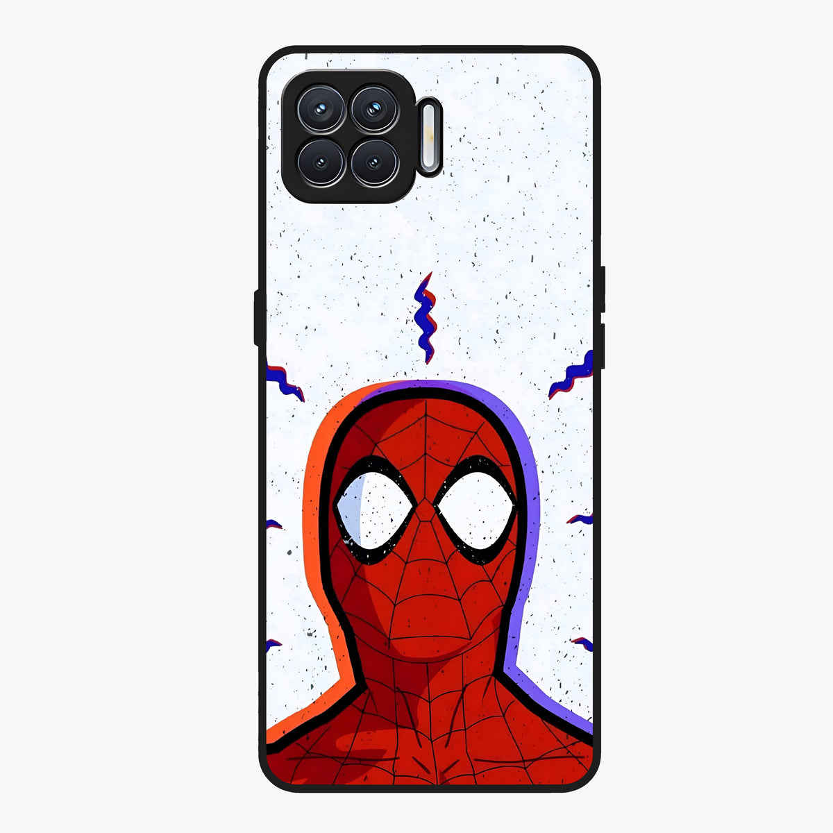 Omg Spiderman Glass Case showing flat back view with bold superhero inspired artwork and glossy glass finish.