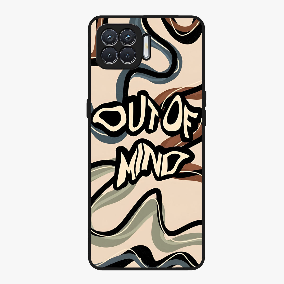 Out Of Mind Glass Case showing flat back view with expressive typography artwork and glossy glass finish.