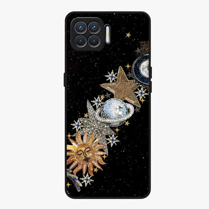 Pearls Universe Object Glass Case showing flat back view with pearl inspired cosmic artwork and glossy glass finish.