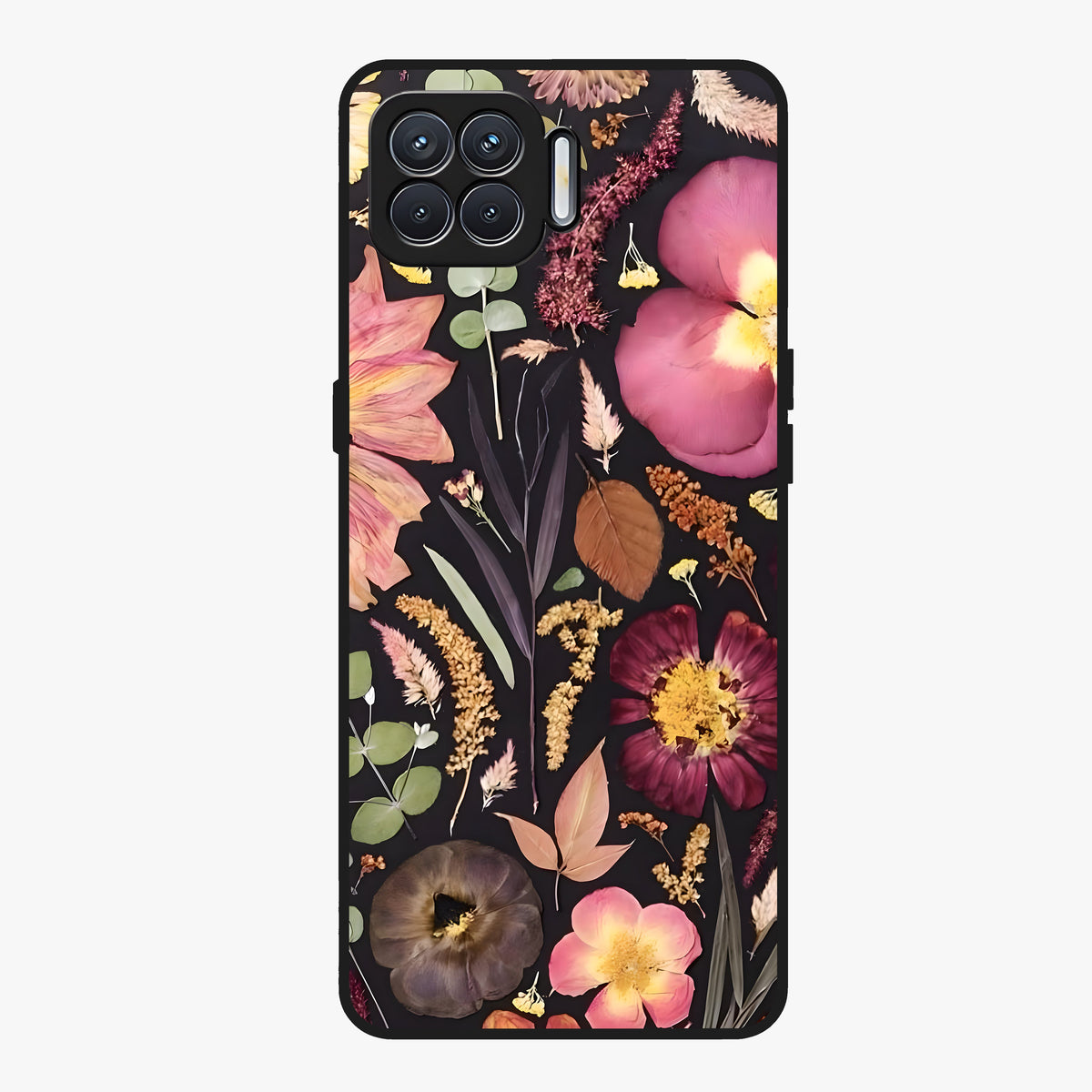 Petal Dream Tapestry Glass Case showing flat back view with intricate floral tapestry artwork and glossy glass finish.
