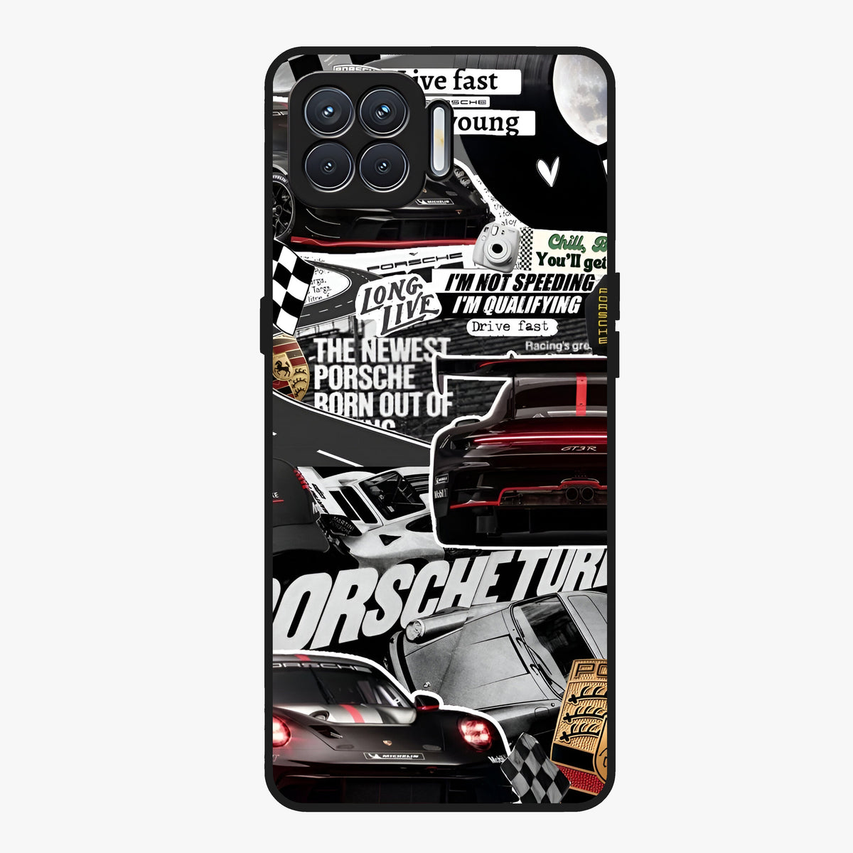 Porsche Racing Collage Glass Case showing flat back view with sports car racing collage artwork and glossy glass finish.