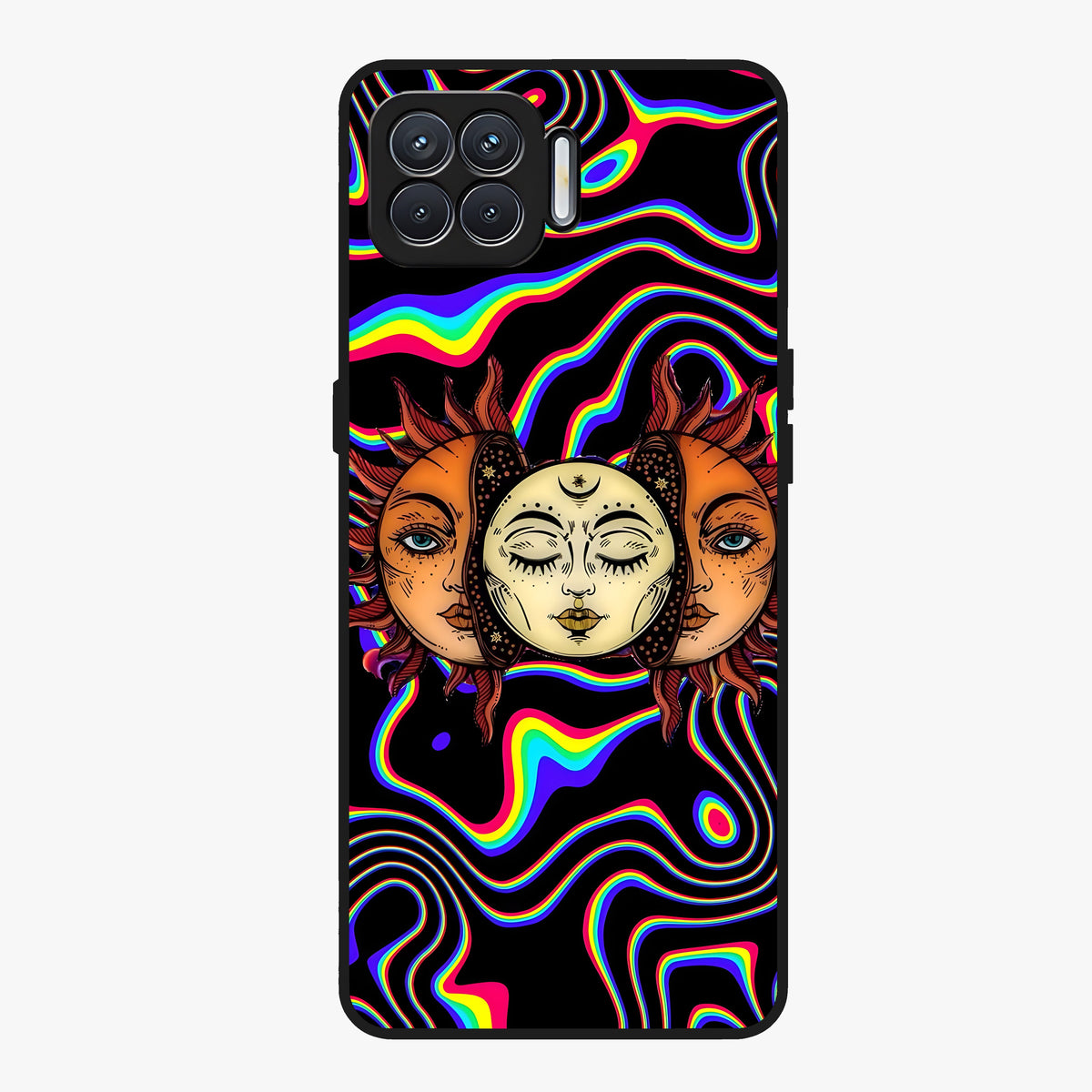 Psychedelic Sun Glass Case showing flat back view with colorful psychedelic sun artwork and glossy glass finish.