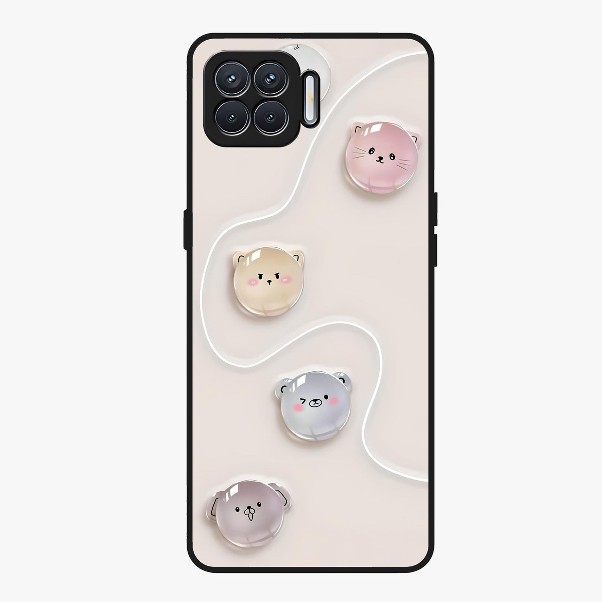 Puffy Face Parade Glass Case showing flat back view with cute puffy character faces artwork and glossy glass finish.