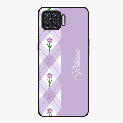 Purple Diamond Floral Glass Case showing flat back view with diamond shaped floral artwork and glossy glass finish.