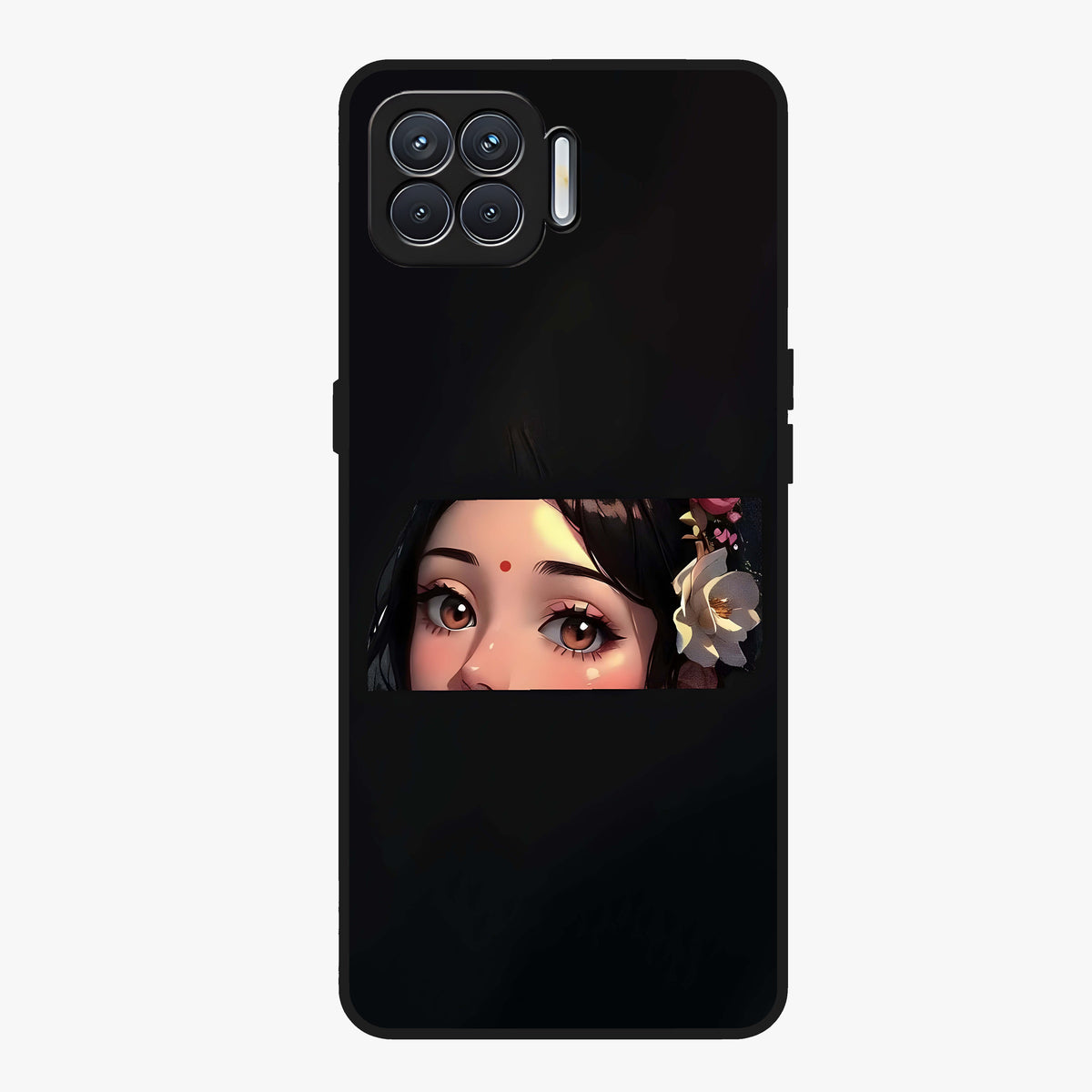 Radha Divine Embrace Glass Case showing flat back view with devotional Radha artwork and glossy glass finish.