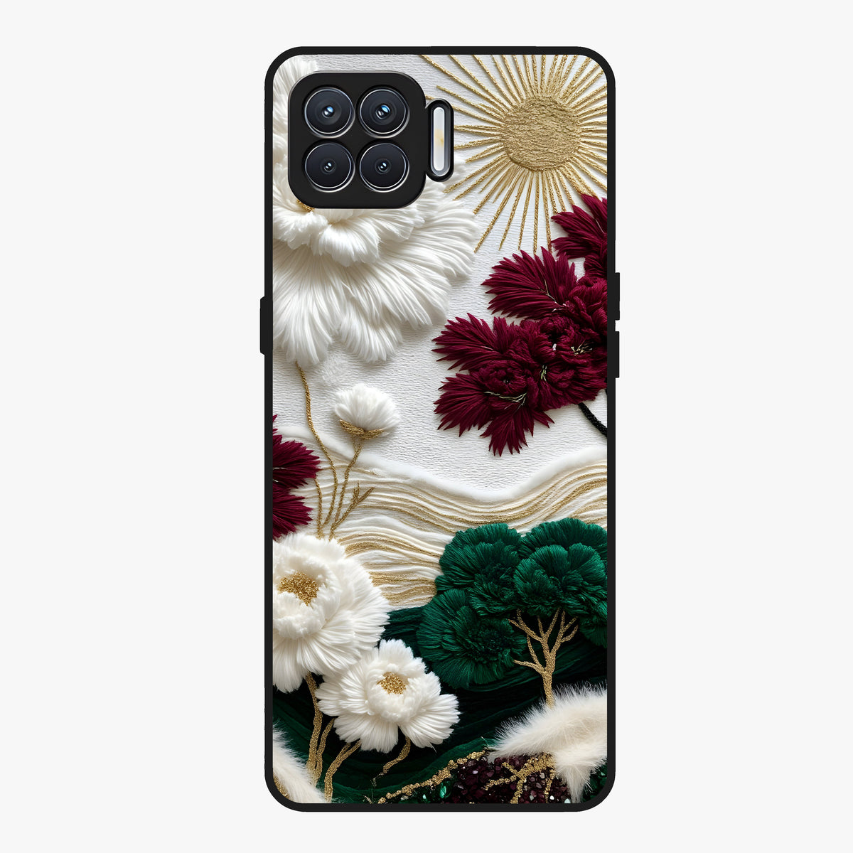 Radiant Bloom Elegance Glass Case showing flat back view with elegant blooming flower artwork and glossy glass finish.