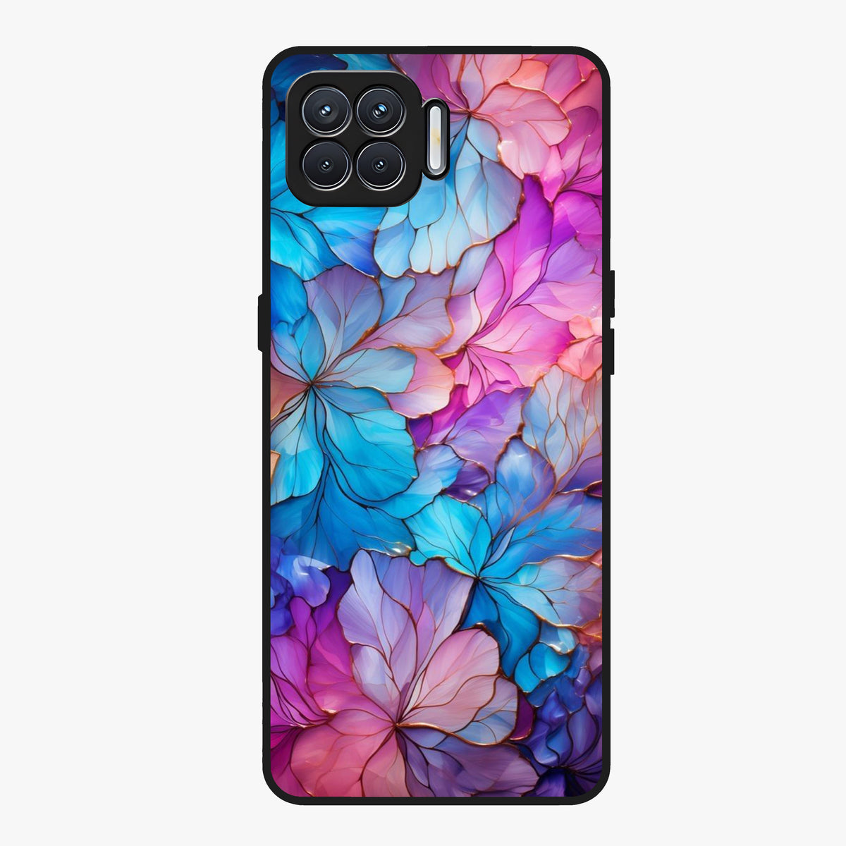 Radiant Floral Whirl Glass Case showing flat back view with swirling floral artwork and glossy glass finish.