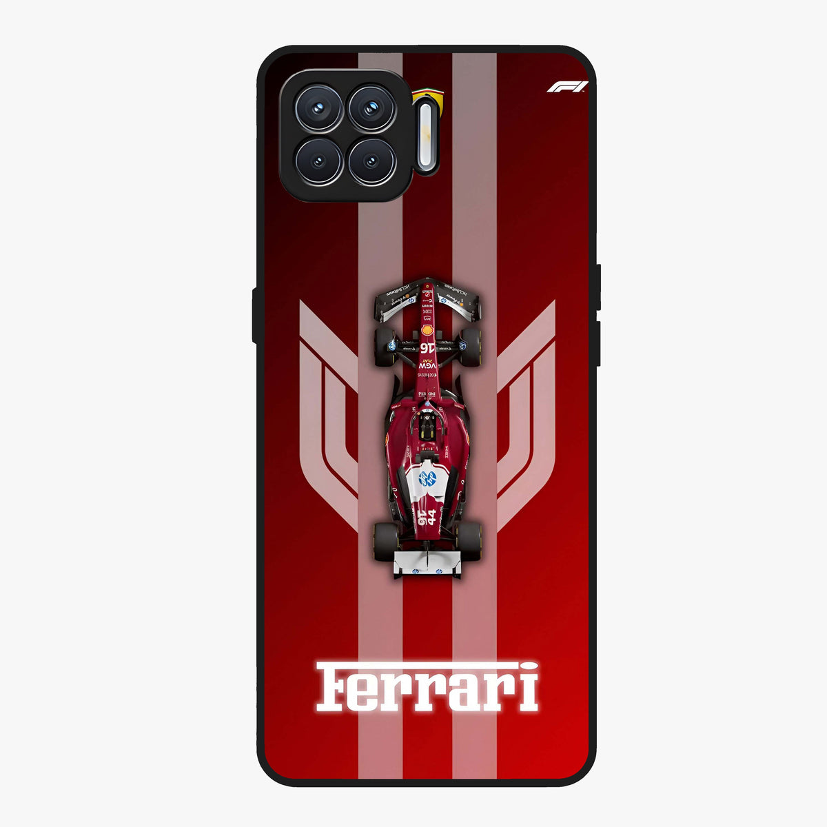 Red Ferrari F1 Vertical Glass Case showing flat back view with sleek Formula racing car artwork and glossy glass finish.