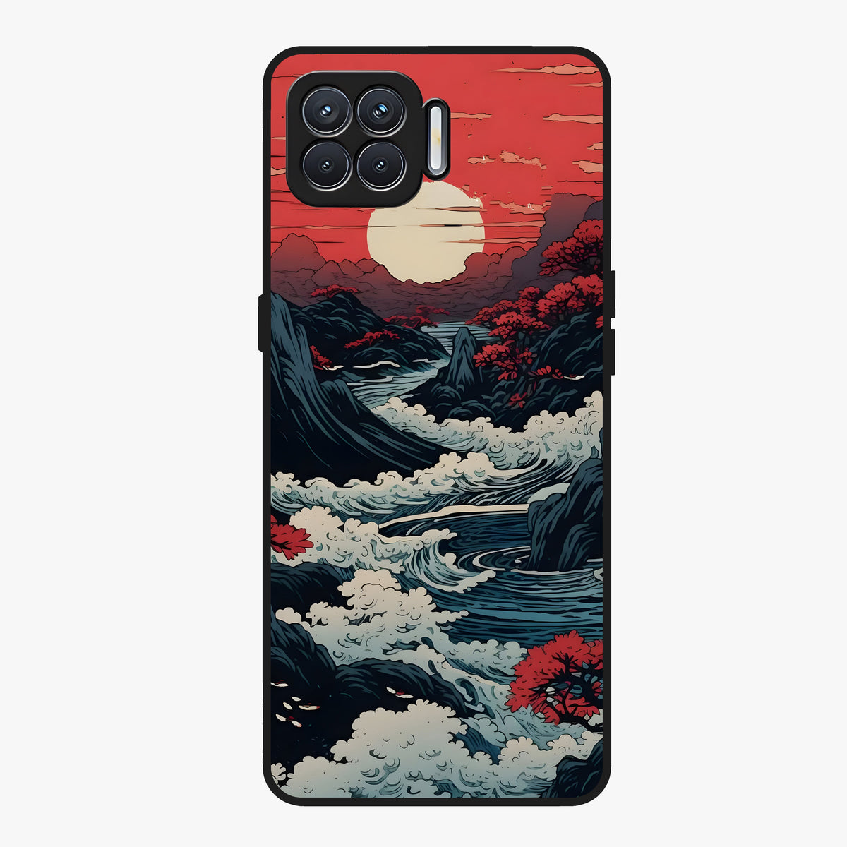 Red Sunset Scenery Glass Case showing flat back view with vibrant sunset landscape artwork and glossy glass finish.