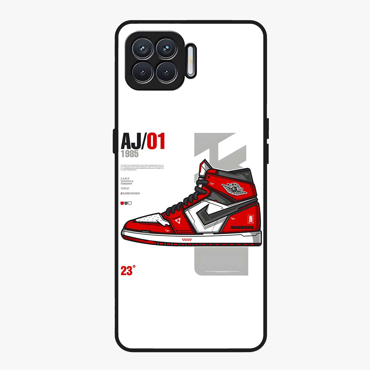 Retro Sneaker Blueprint Glass Case showing flat back view with sneaker blueprint style artwork and glossy glass finish.