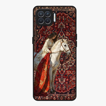 Royal Rider Tapestry Glass Case showing flat back view with majestic horse rider tapestry artwork and glossy glass finish.
