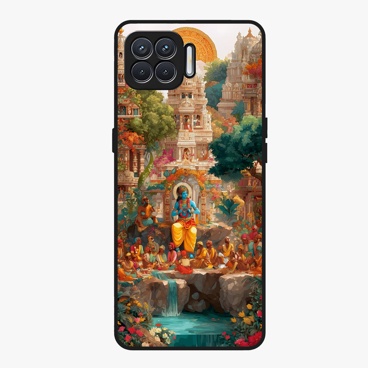 Sacred Sunlight Gods Glass Case showing flat back view with divine sunlight themed artwork and glossy glass finish.
