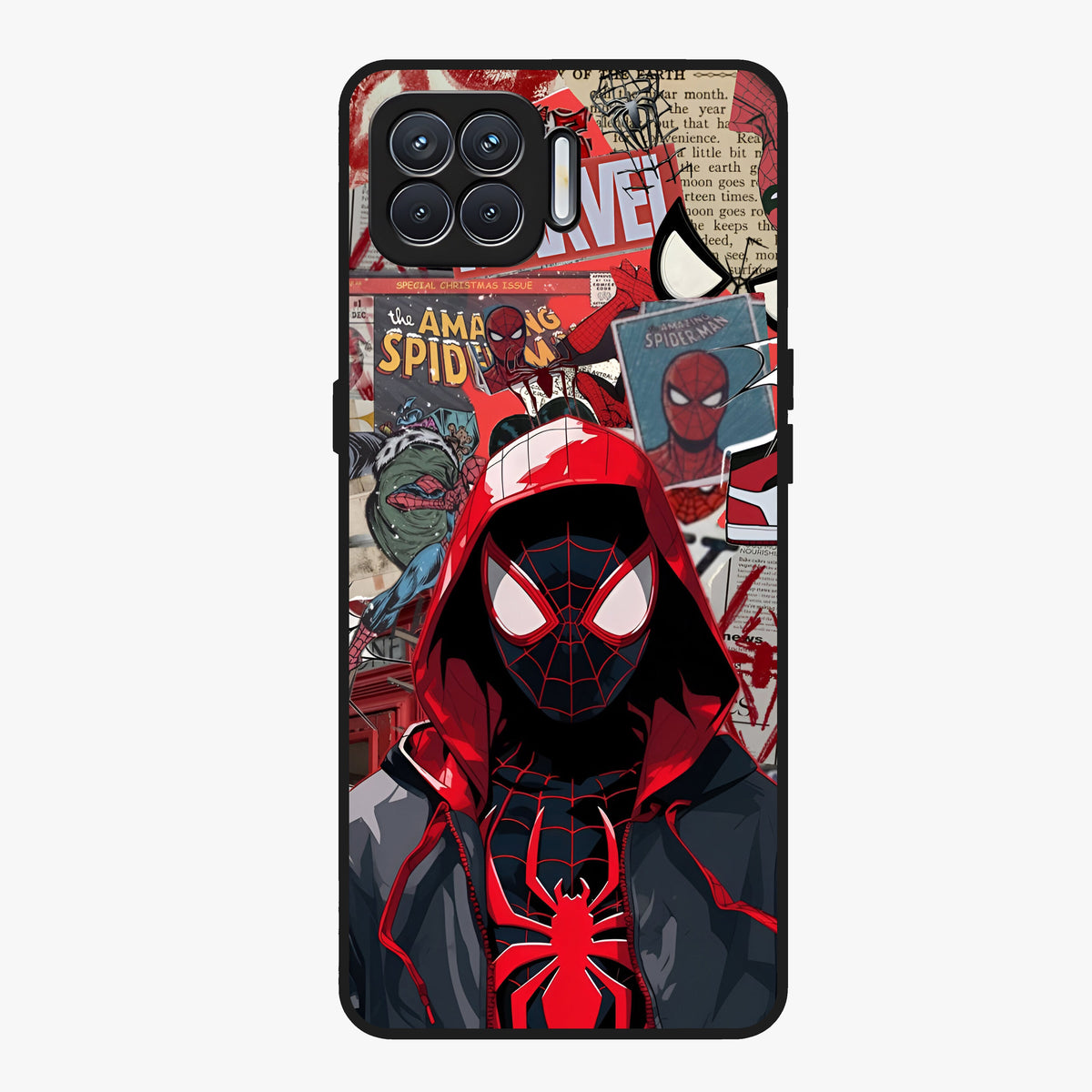 Spider Collage Street Glass Case showing flat back view with vibrant superhero collage artwork and glossy glass finish.