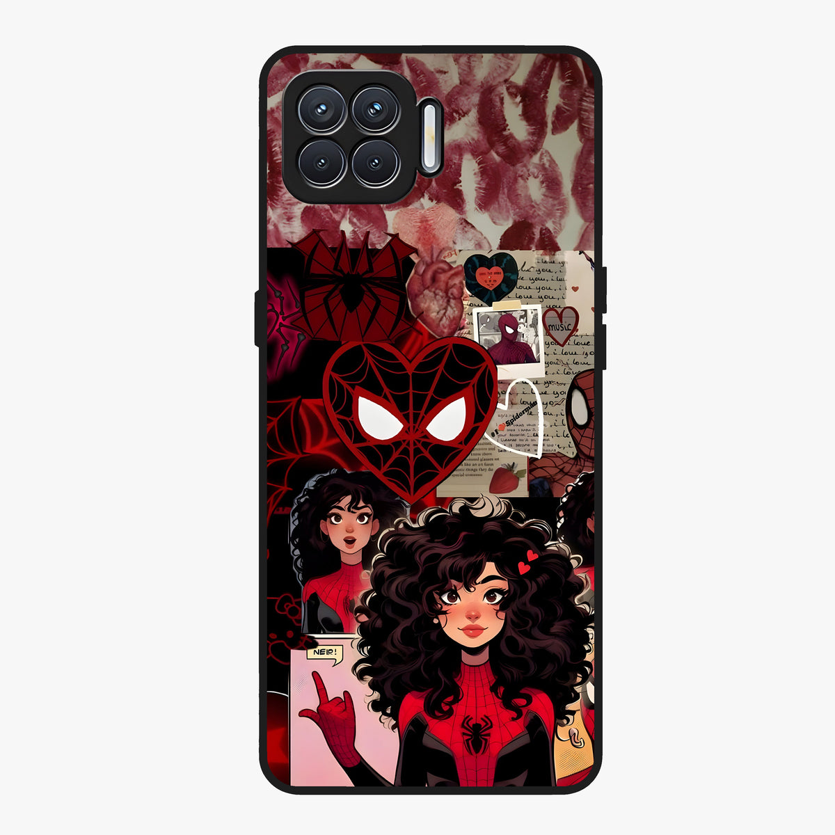 Spider Love Story Glass Case showing flat back view with romantic superhero themed artwork and glossy glass finish.