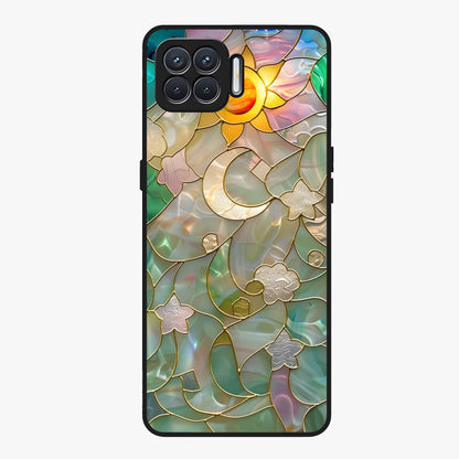 Stained Sunrise Glow Glass Case showing flat back view with glowing sunrise stained pattern artwork and glossy glass finish.