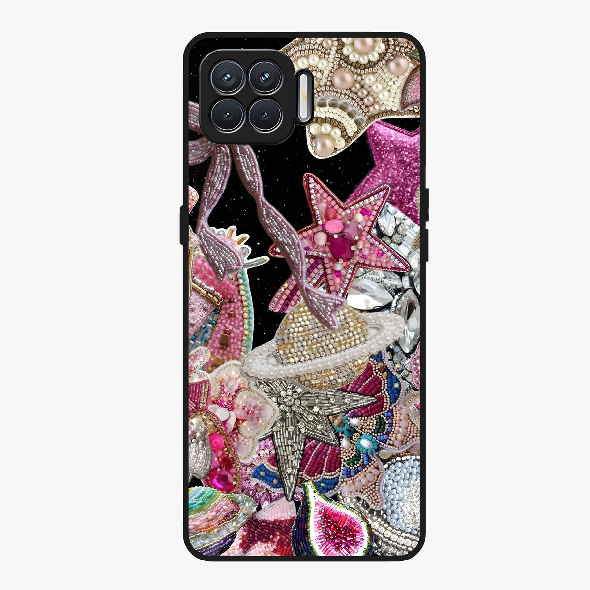 Starlit Jewel Dream Glass Case showing flat back view with sparkling jewel and star themed artwork and glossy glass finish.