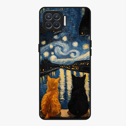 Starry River Cats Glass Case showing flat back view with cats by a starry river artwork and glossy glass finish.